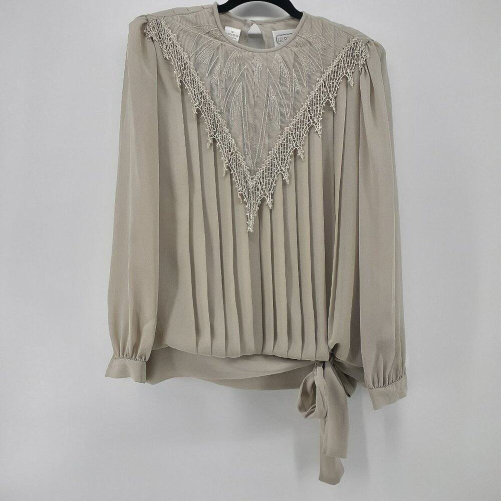Liz Roberts Vintage Cottagecore Blouse 14 Sheer Beige Lace Pleated Waist Ties